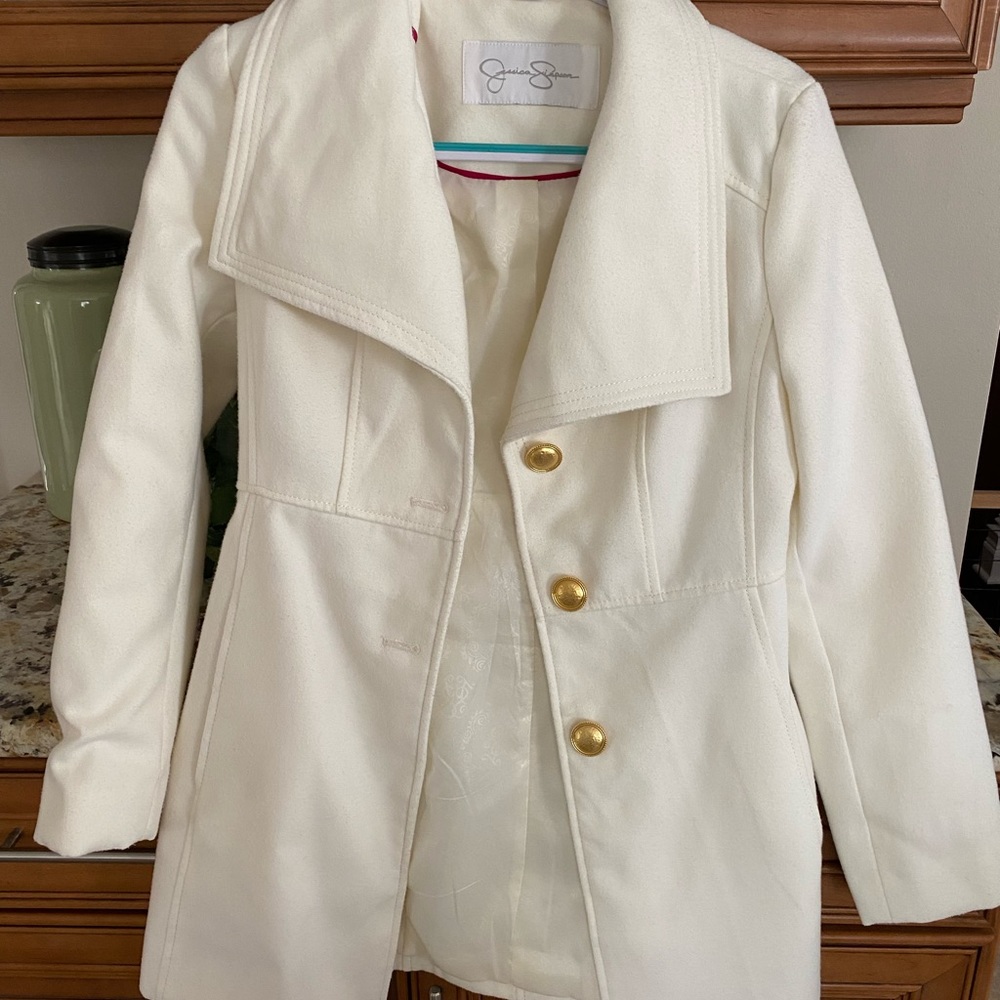 xs Jessica Simpson cream coat with gold buttons.